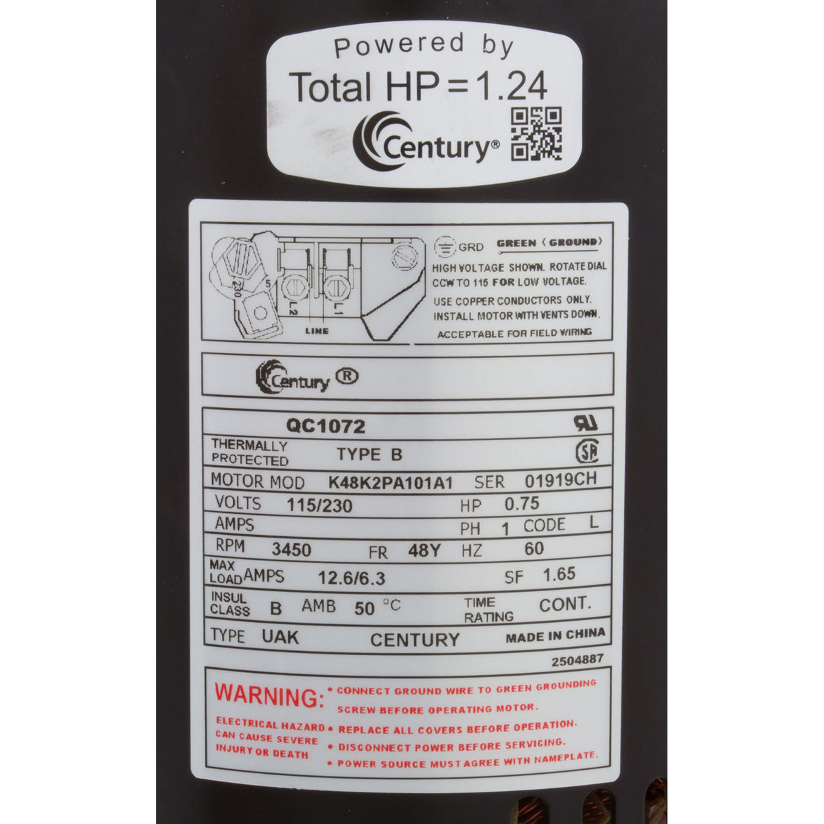 Motor, Century, 0.75hp, 115v/230v, 1-Spd, 48Yfr, SQFL, Full