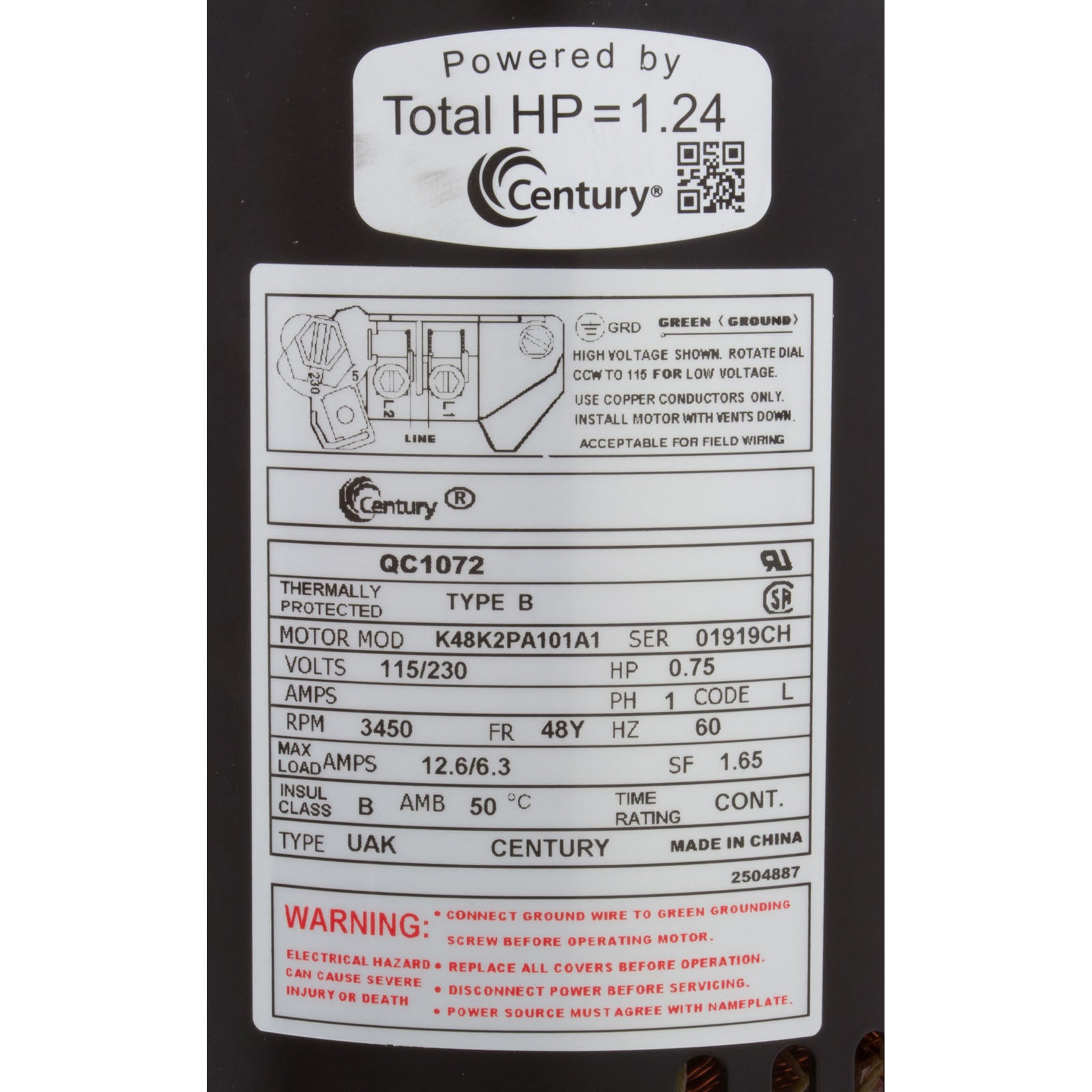 Motor, Century, 0.75hp, 115v/230v, 1-Spd, 48Yfr, SQFL, Full