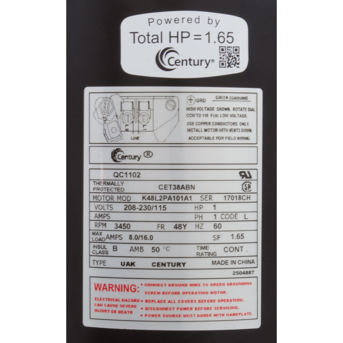 Motor, Century, 1.0hp, 115/208-230v, 1-Spd, 48Yfr, SQFL, Full