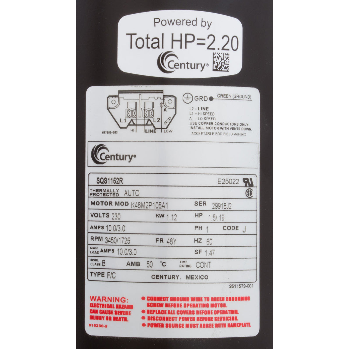 Motor, Century, 1.5hp, 230v, 2-Spd, 48Yfr, SQFL, Full