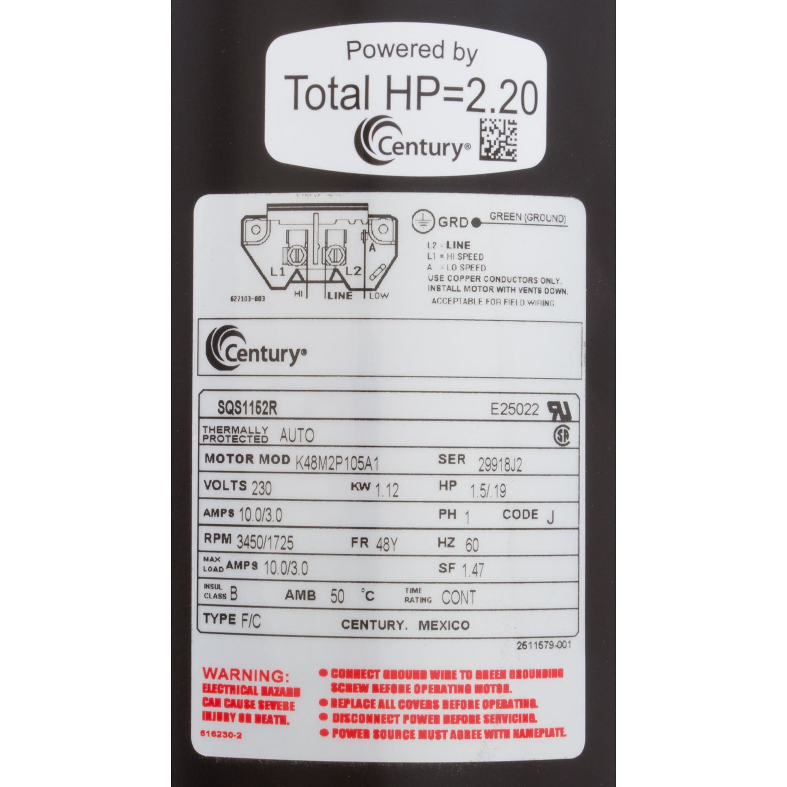 Motor, Century, 1.5hp, 230v, 2-Spd, 48Yfr, SQFL, Full