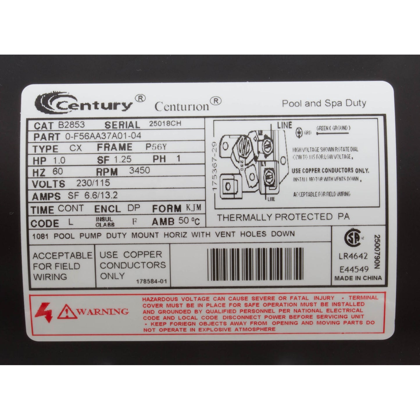 Motor Century, 1,0 hp, 115/230 V, 1 velocidad, 56 YFr, SQFL, potencia mejorada B2853