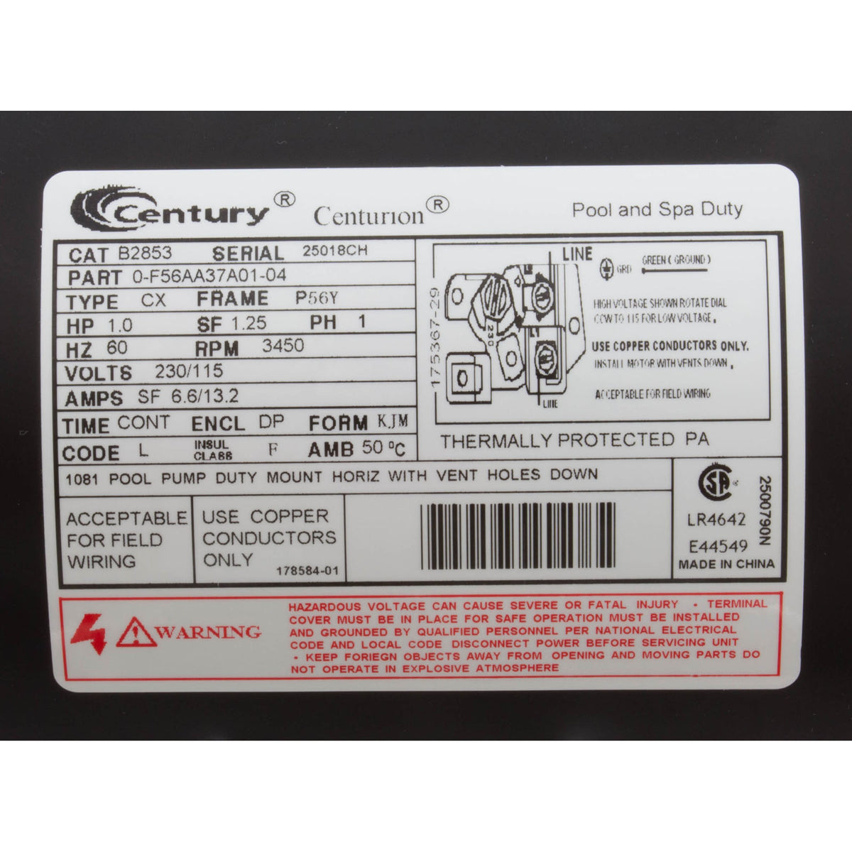 Motor, Century, 1.0hp, 115/230v, 1-Spd, 56YFr, SQFL, Uprate B2853