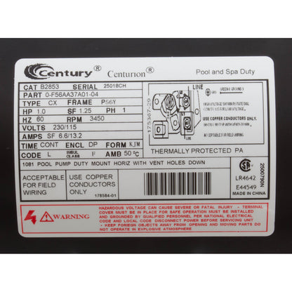 Motor Century, 1,0 hp, 115/230 V, 1 velocidad, 56 YFr, SQFL, potencia mejorada B2853