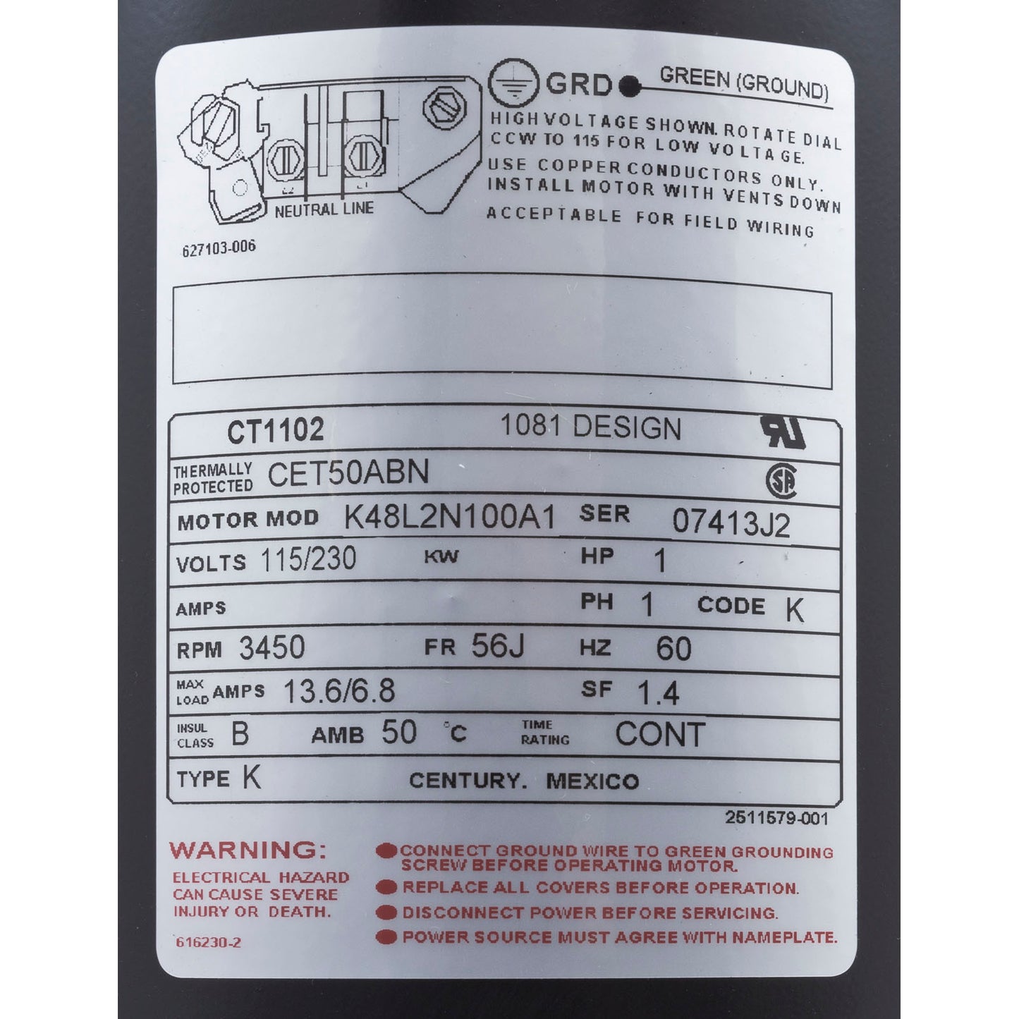 Motor, Century, 1,0 hp, 115 V/230 V, 1 velocidad, 56 Cfr, cara C, rosca, EE