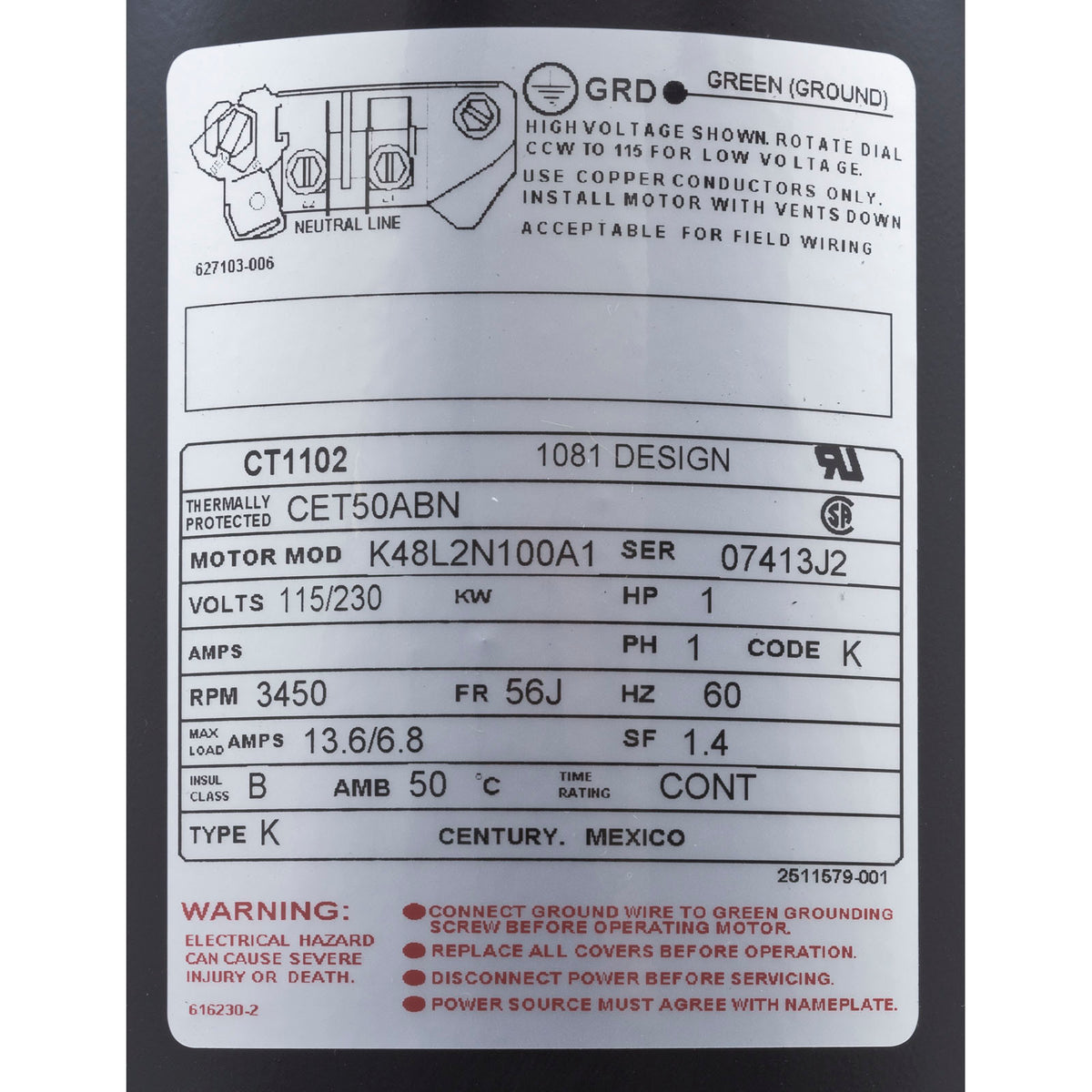 Motor, Century, 1.0hp, 115v/230v, 1-Spd, 56Cfr, C-Face, Thd, EE
