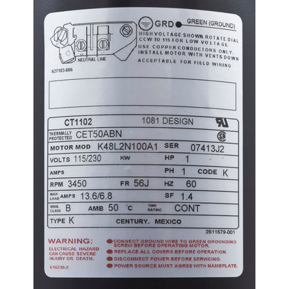 Motor, Century, 1,0 hp, 115 V/230 V, 1 velocidad, 56 Cfr, cara C, rosca, EE