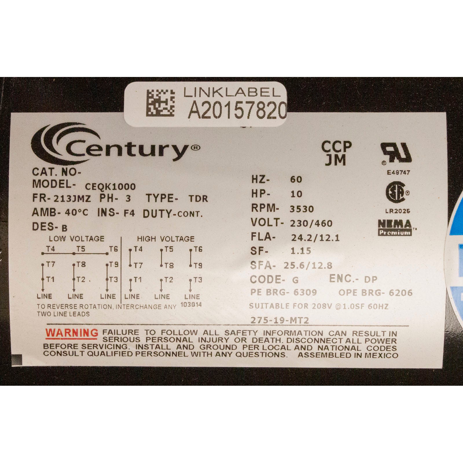 Motor, Century, 10.0hp, 230v/460v, 1-Spd, 3 Phase, EQ Series