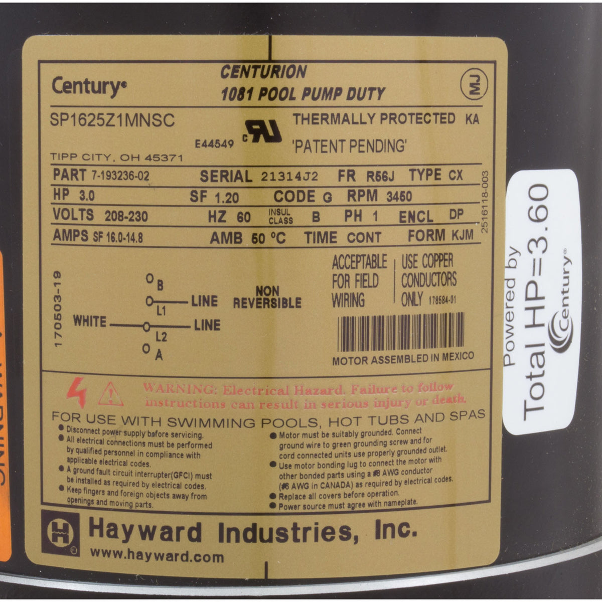 Motor, Hayward NorthStar, 3.0hp, 1-Spd, 208-230v, Up Rated
