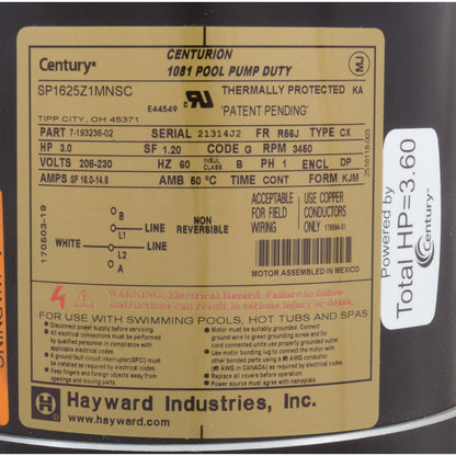 Motor Hayward NorthStar, 3,0 hp, 1 velocidad, 208-230 V, potencia nominal