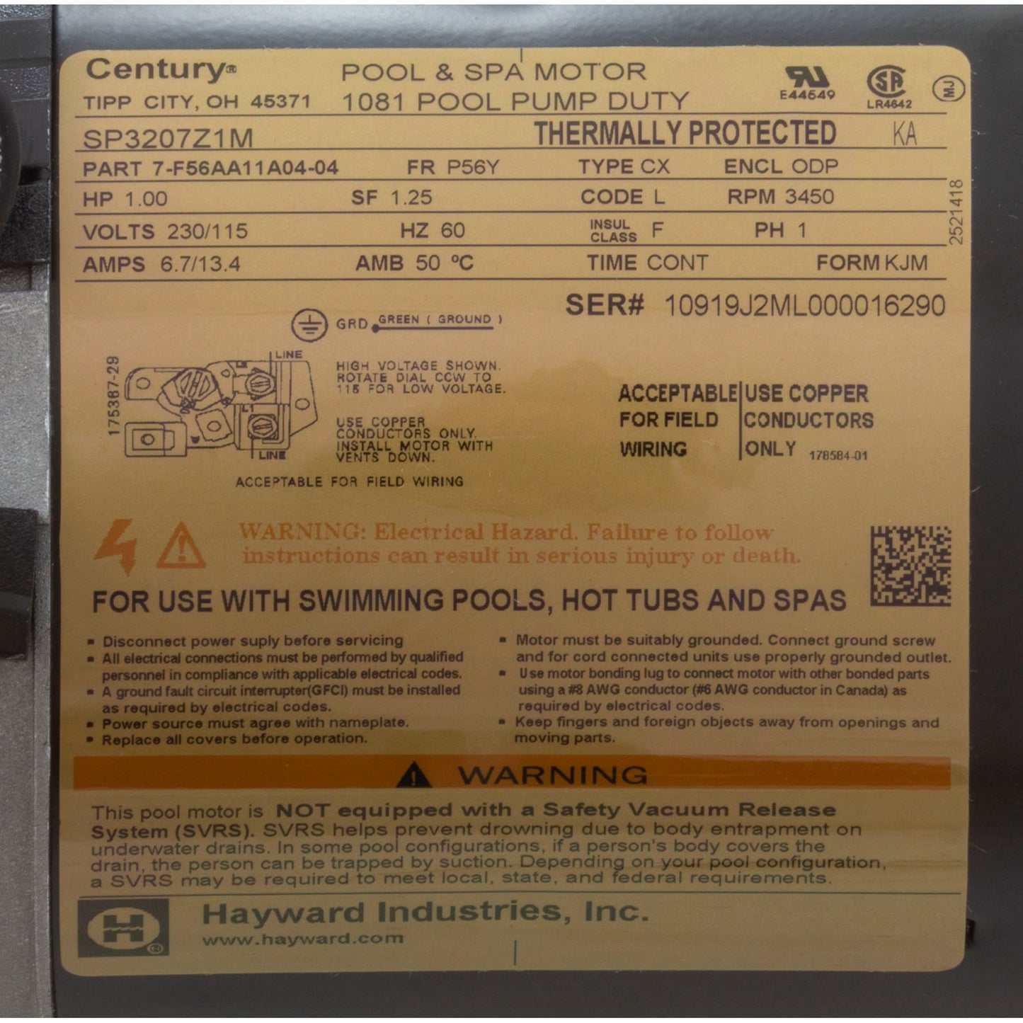 Motor, Hayward TriStar, 1.0hp 115/230v, 1-Spd, Max Rate, SQFL