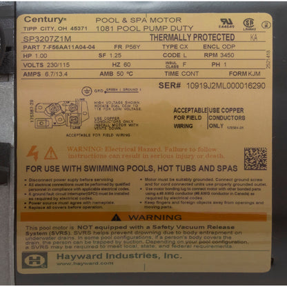 Motor, Hayward TriStar, 1.0hp 115/230v, 1-Spd, Max Rate, SQFL