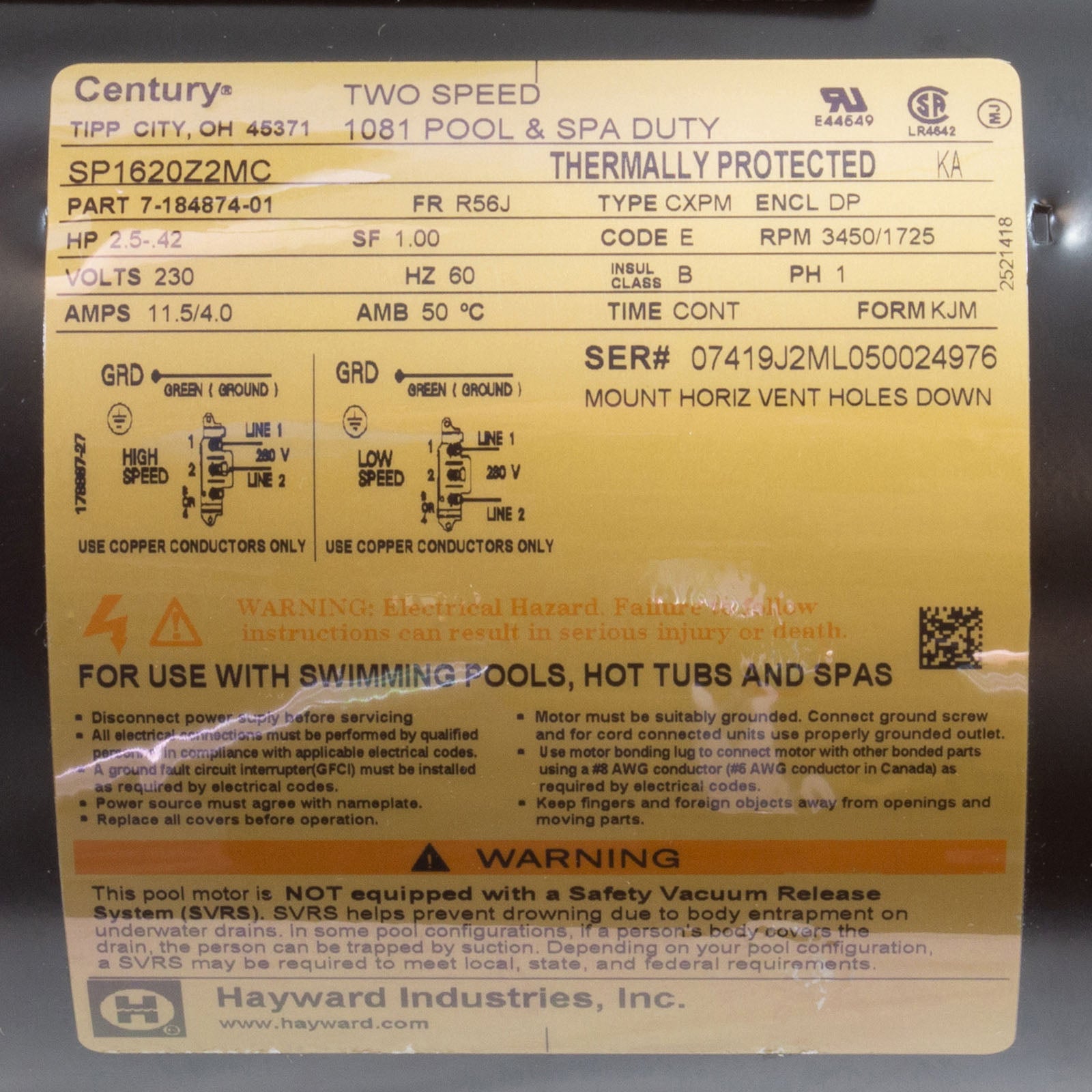 Motor, Hayward Super II, 2.5hp, 230v, 2-Spd, C-Face