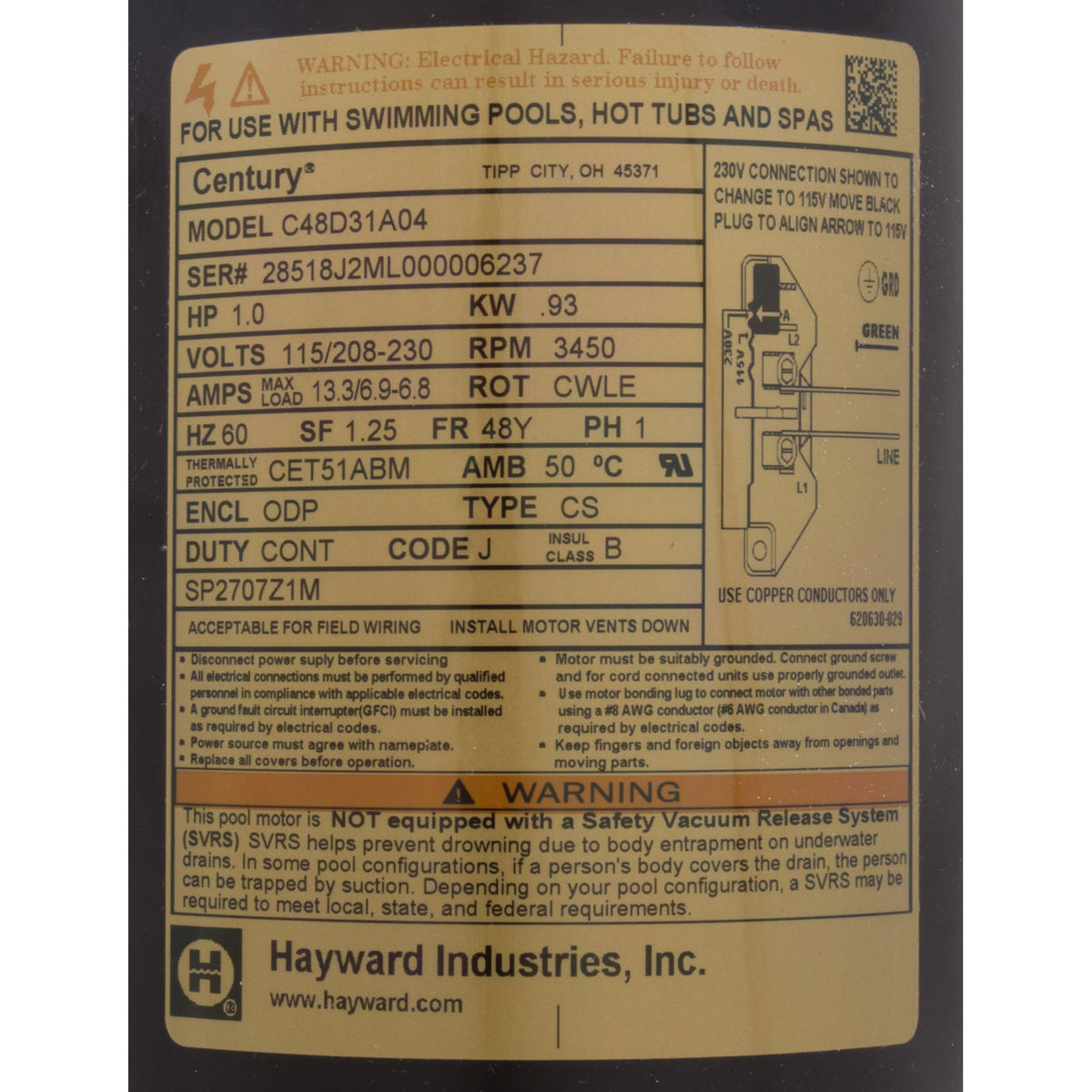 Motor, Hayward MaxFlo II/XL, 1.0hp, 115v/208-230v, Max Rate
