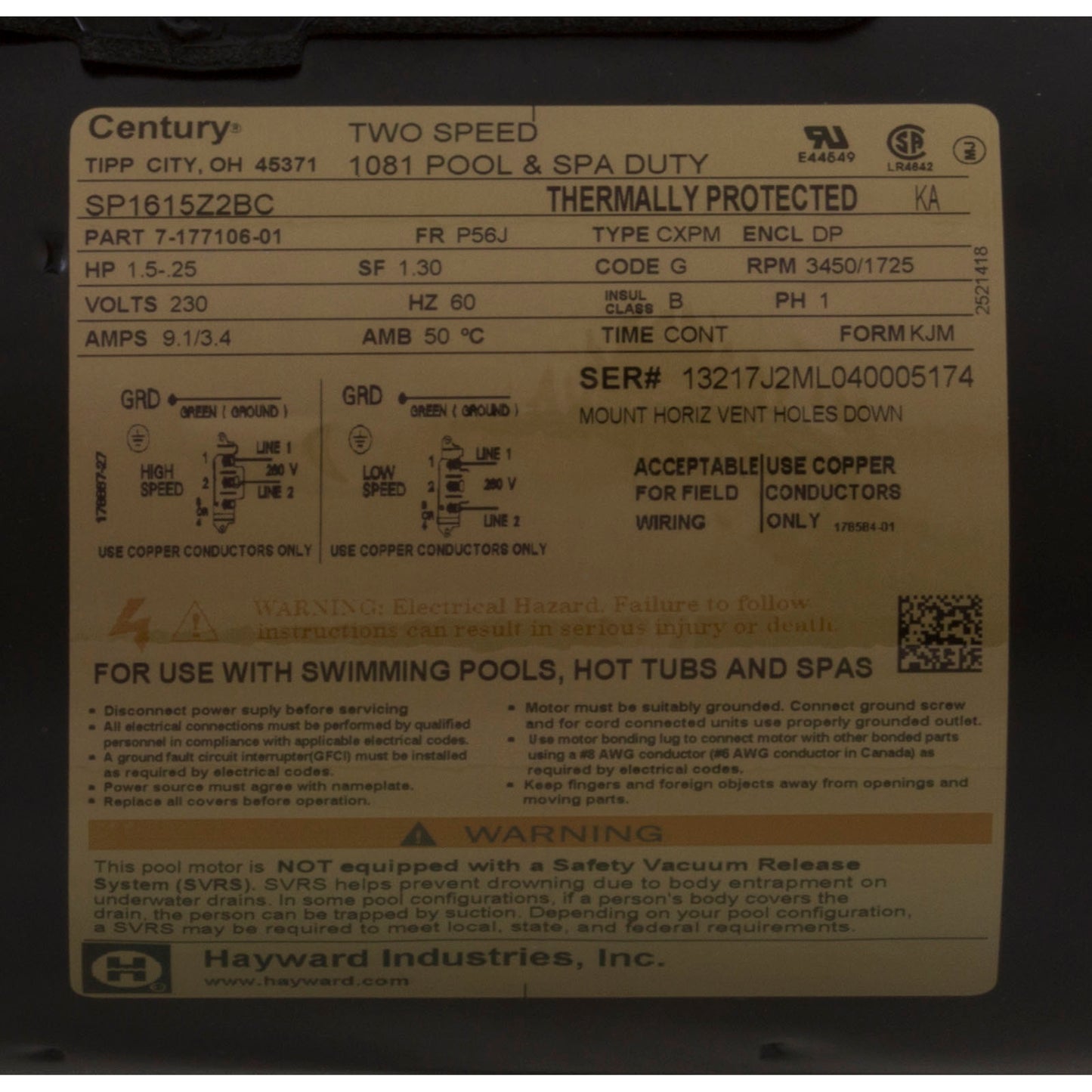 Motor, Hayward NorthStar SP4000X, 1.5hp, 2-Spd, Max Rated