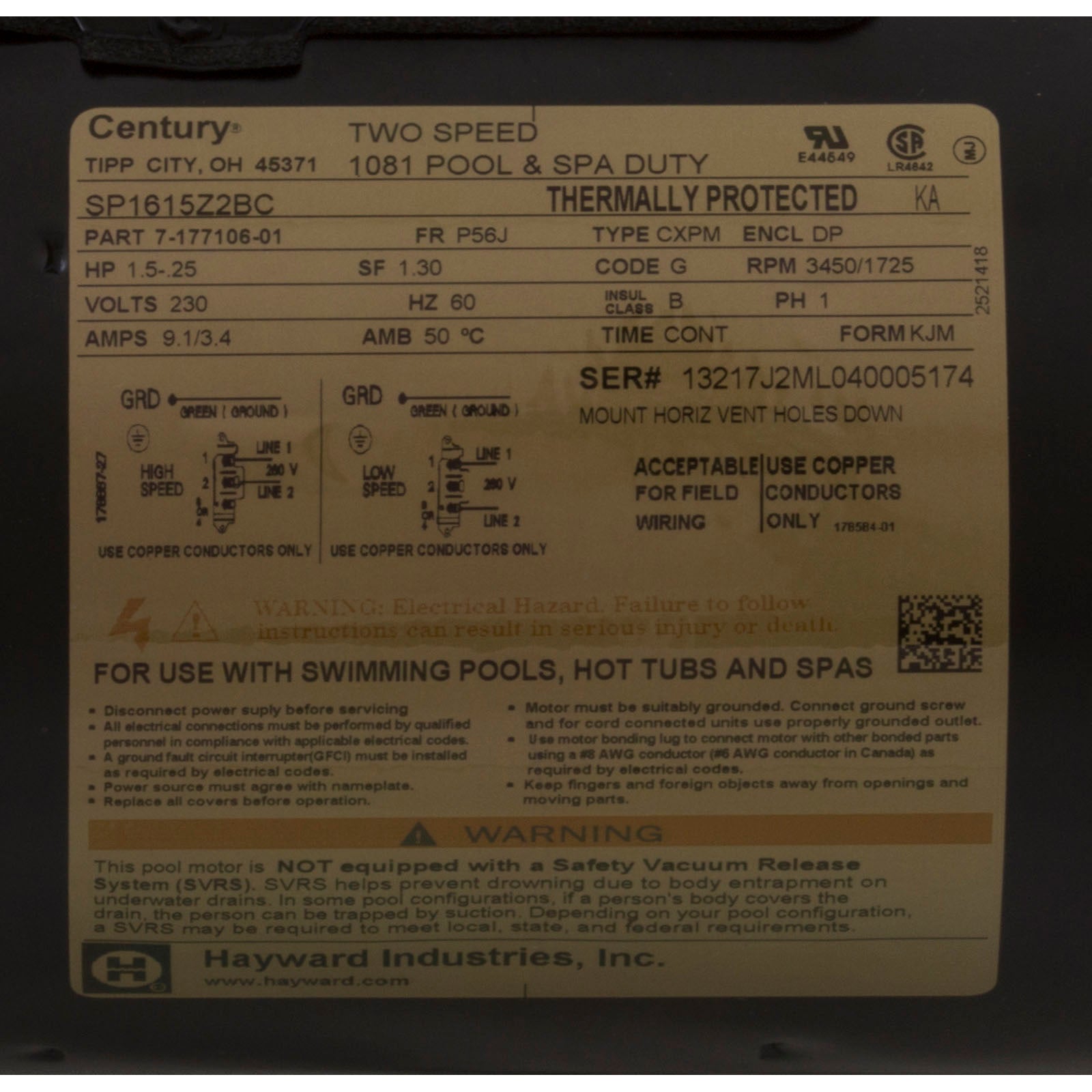 Motor, Hayward NorthStar SP4000X, 1.5hp, 2-Spd, Max Rated