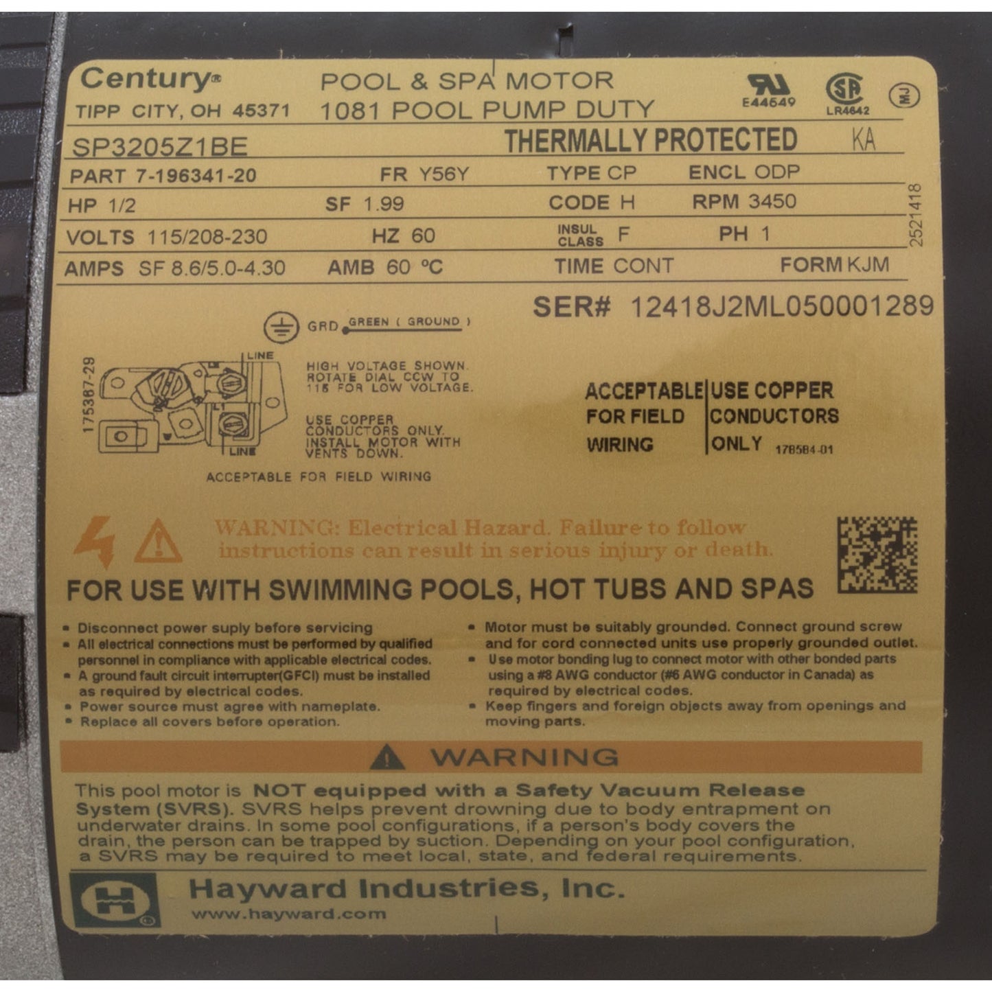 Motor, Hayward TriStar, 0.5hp, 115v/208-230v, SQFL, Full Rate, EE