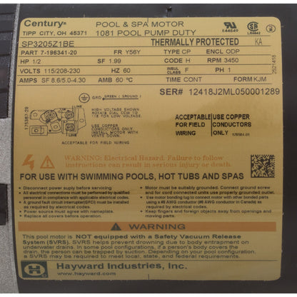 Motor, Hayward TriStar, 0.5hp, 115v/208-230v, SQFL, Full Rate, EE