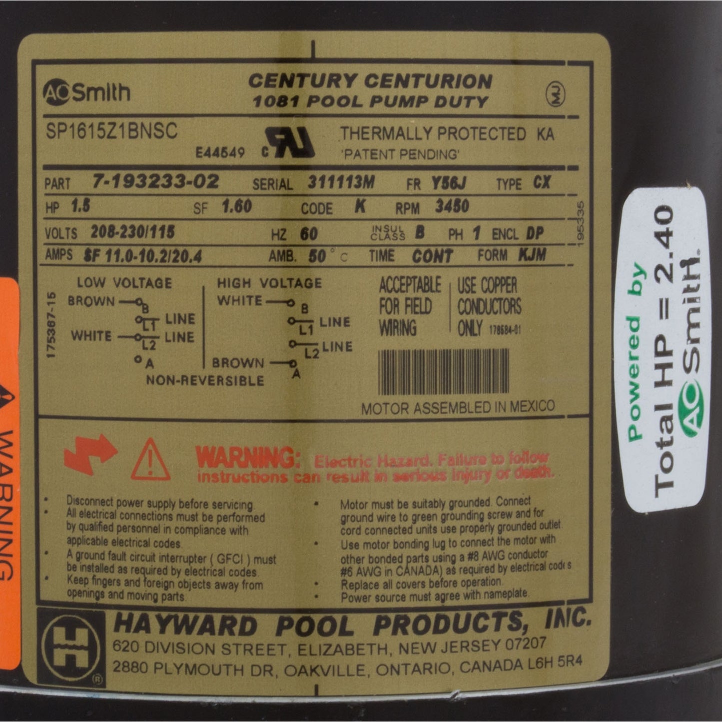 Motor, Hayward NorthStar SP4000, 1.5hp, 1-Spd, Full Rated, EE