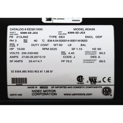 Motor, motor estadounidense, 10 caballos de fuerza, trifásico, 208/230/460 V