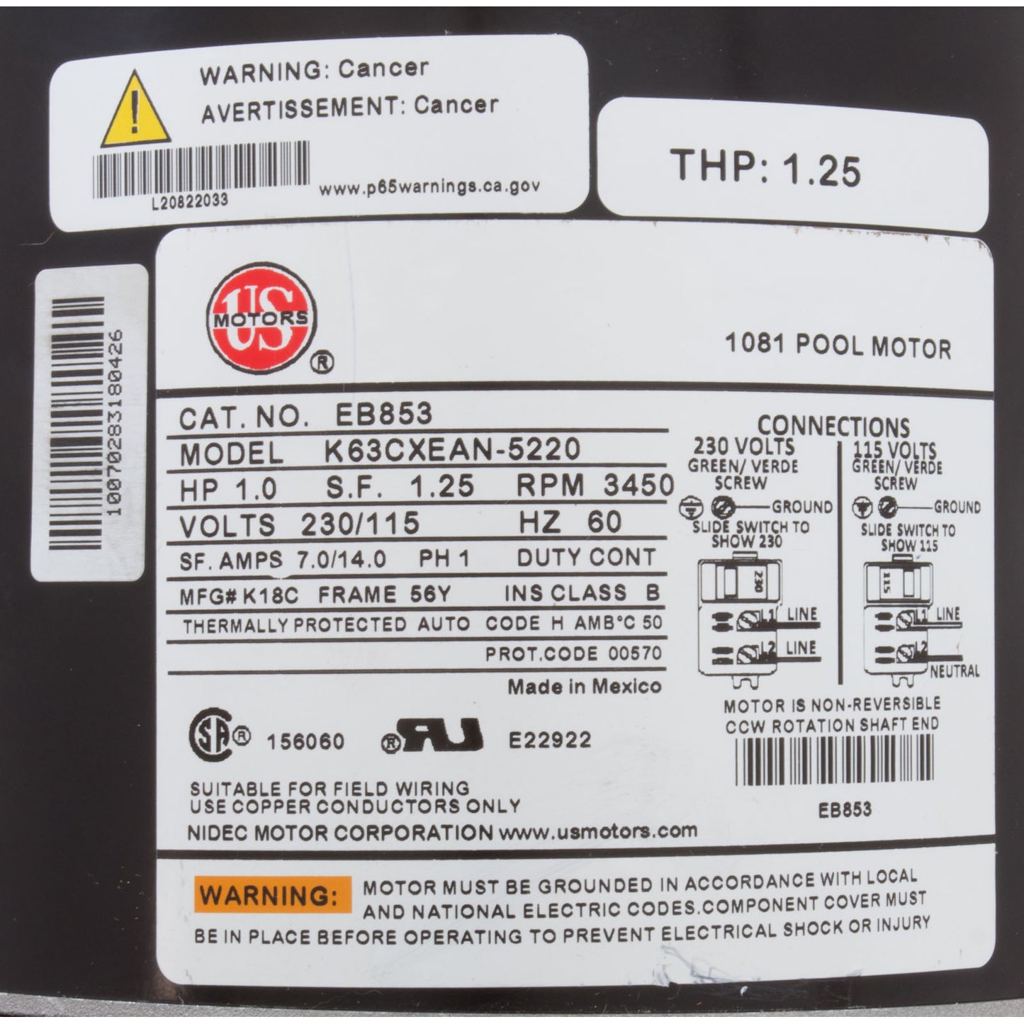 Motor, motor estadounidense, 1,0 caballos de fuerza, SQFL, potencia mejorada, 115/230 V