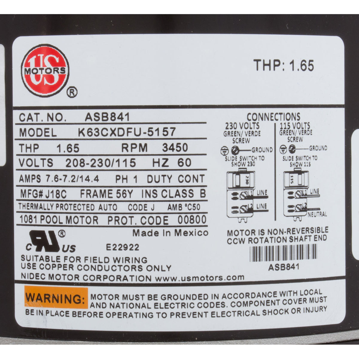 Motor, US Motor, 1.0hp, SQFL, Fullrate, 115/208/230v, 56Y, EE