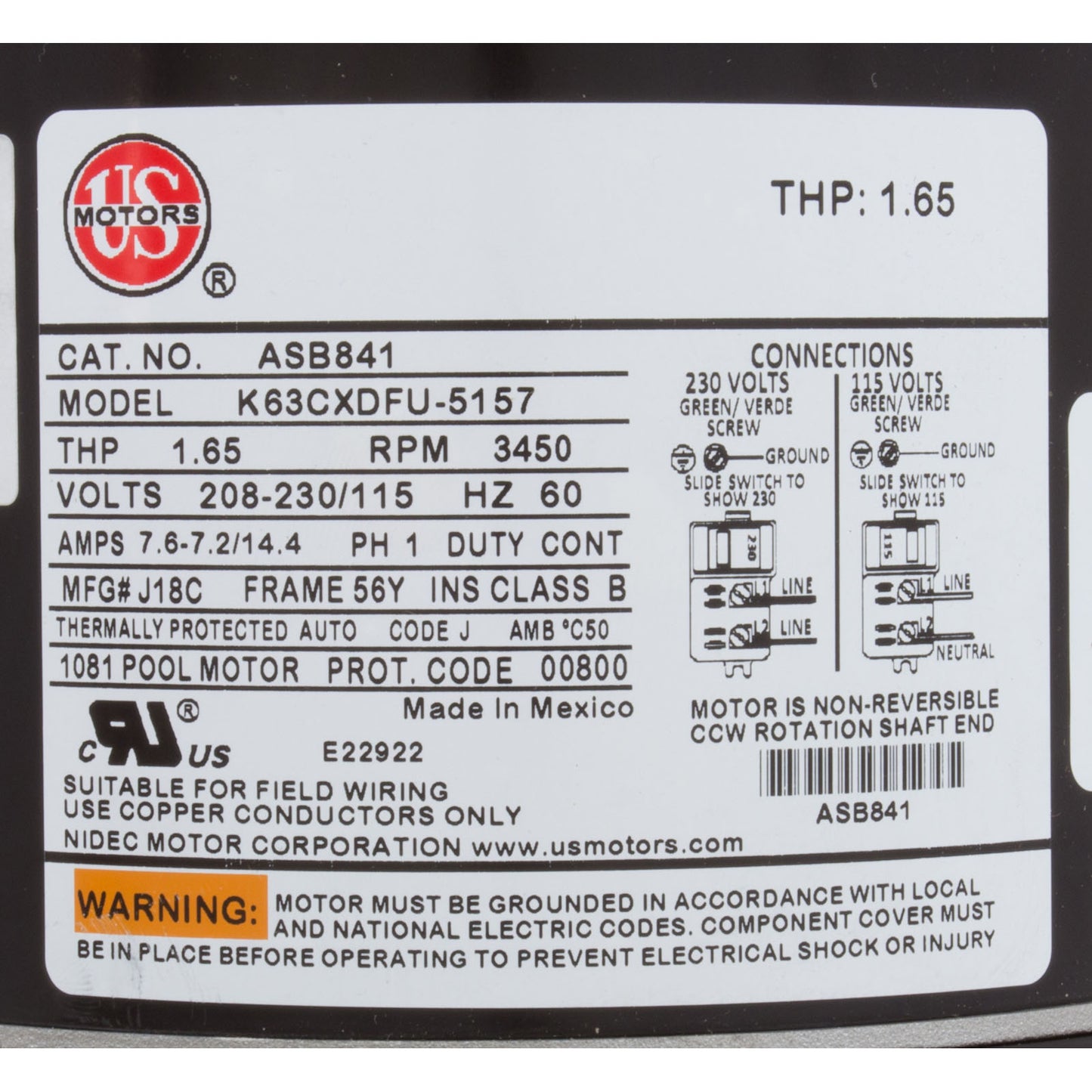 Motor, US Motor, 1.0hp, SQFL, Fullrate, 115/208/230v, 56Y, EE