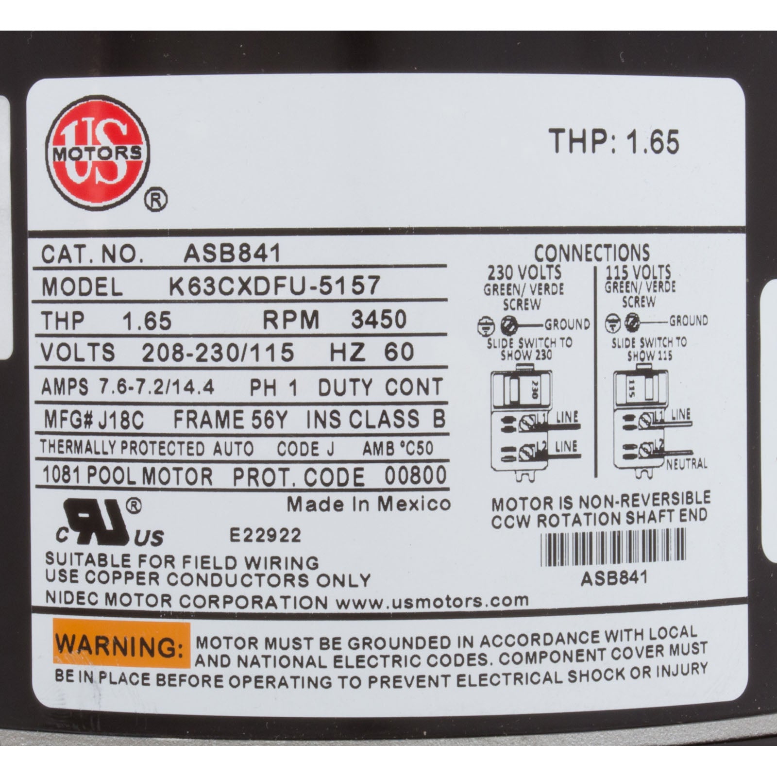 Motor, US Motor, 1.0hp, SQFL, Fullrate, 115/208/230v, 56Y, EE
