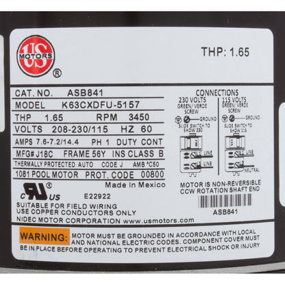 Motor, US Motor, 1.0hp, SQFL, Fullrate, 115/208/230v, 56Y, EE