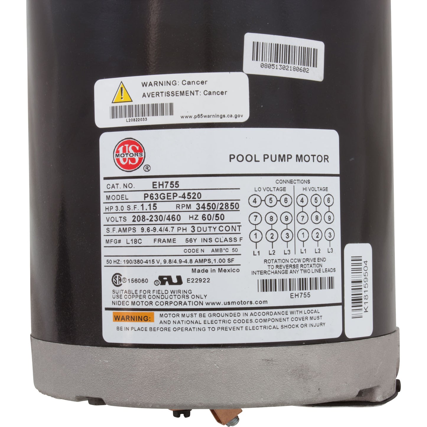 Motor, US Motor, 3.0hp, SQFL, Fullrate, 3 Phase, 208/230/460v