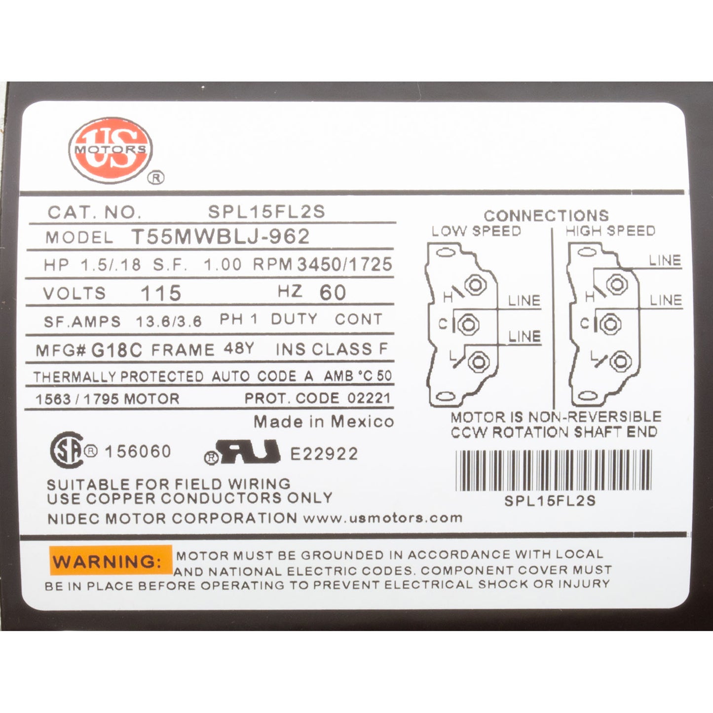 Motor, US Motor, 1.5 Horsepower, ThruBolt, 2-Speed, 115v, 48Y