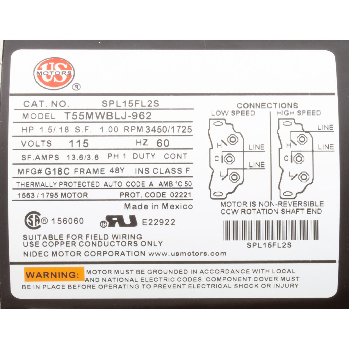 Motor, US Motor, 1.5 Horsepower, ThruBolt, 2-Speed, 115v, 48Y