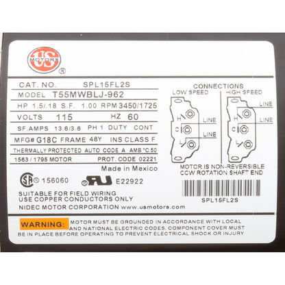 Motor, US Motor, 1.5 Horsepower, ThruBolt, 2-Speed, 115v, 48Y