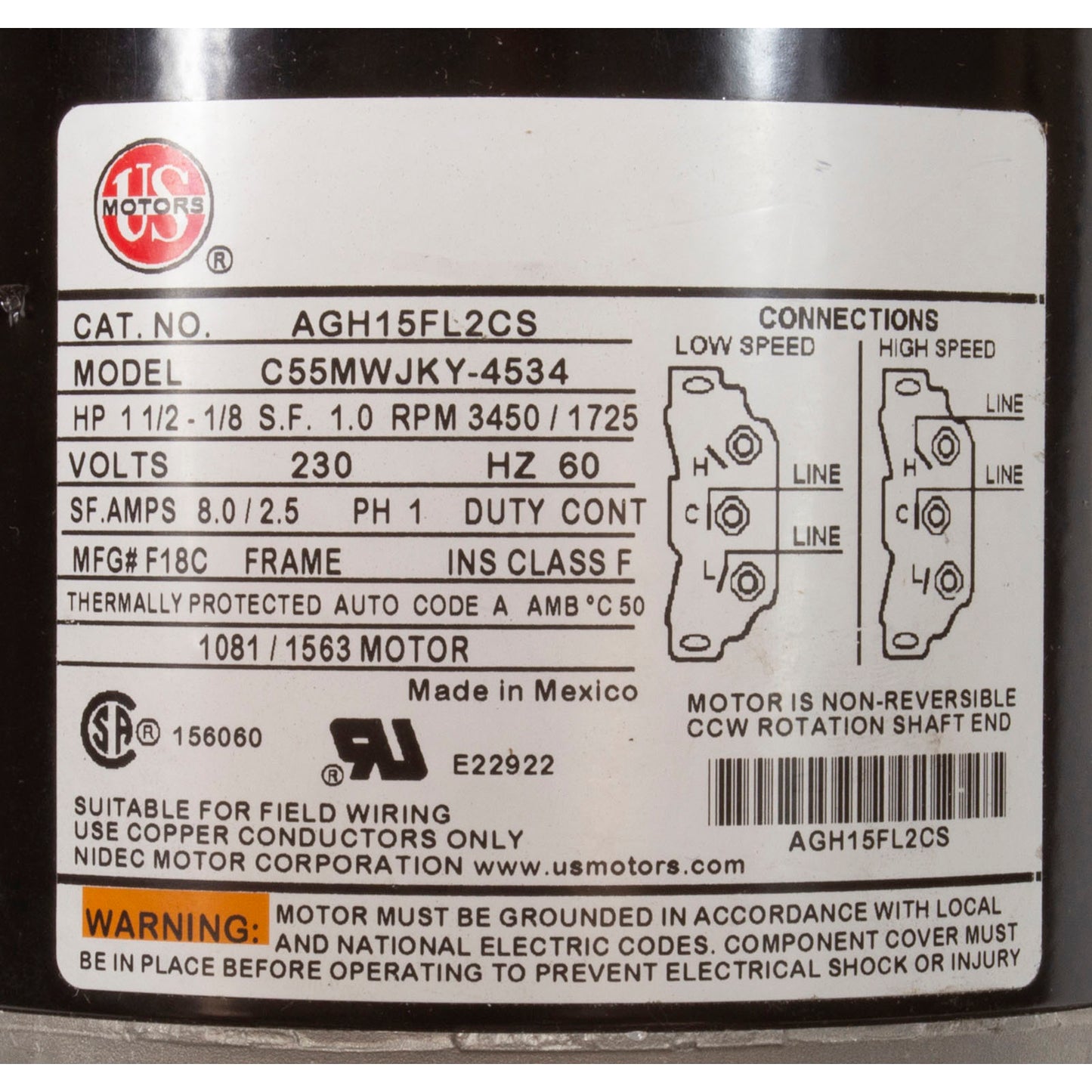 Motor, US Motor, 1.5 Horsepower, ThruBolt, 2-Speed, 230v, 48Y