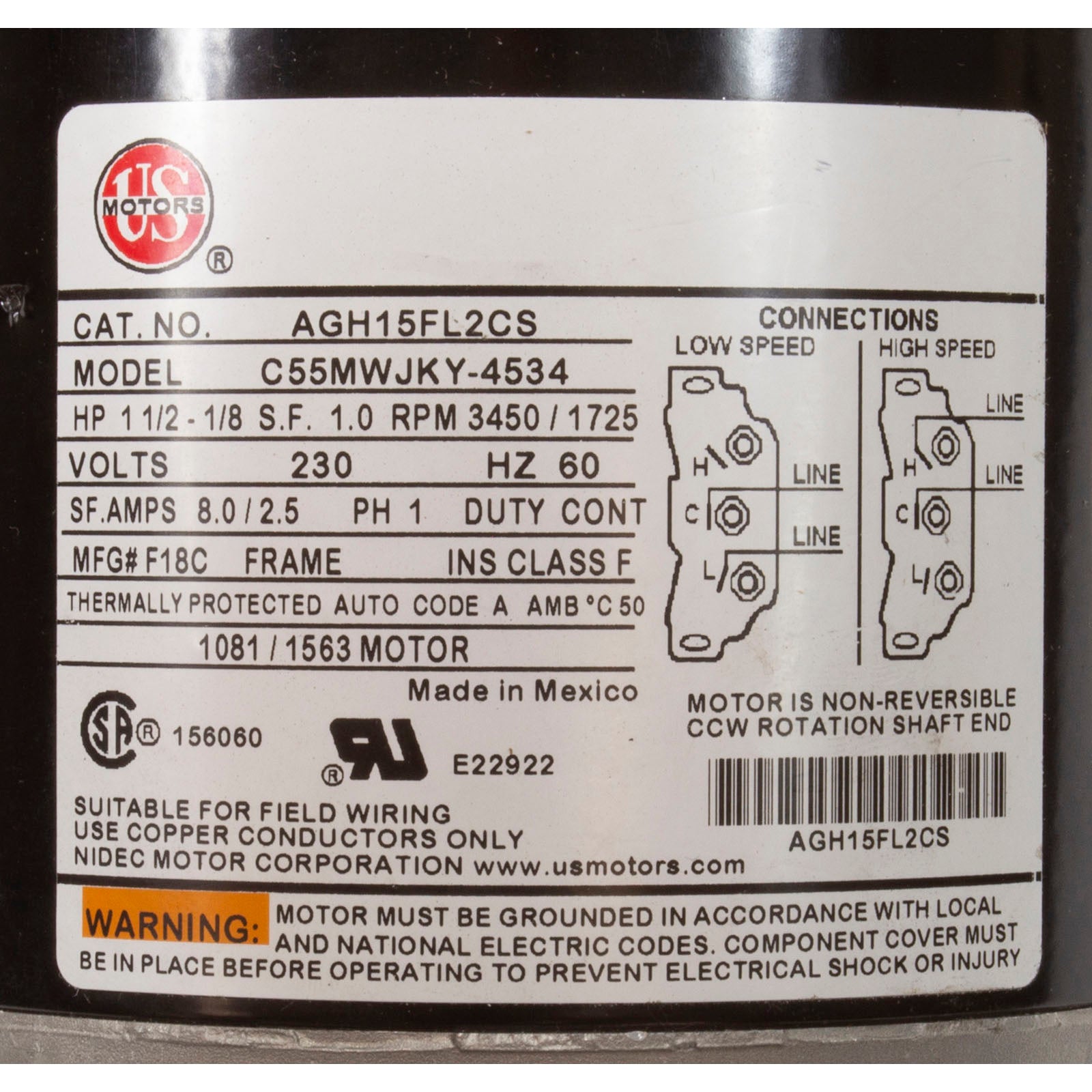 Motor, US Motor, 1.5 Horsepower, ThruBolt, 2-Speed, 230v, 48Y