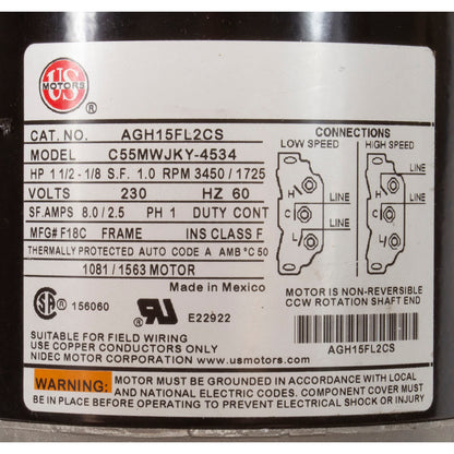 Motor, US Motor, 1.5 Horsepower, ThruBolt, 2-Speed, 230v, 48Y