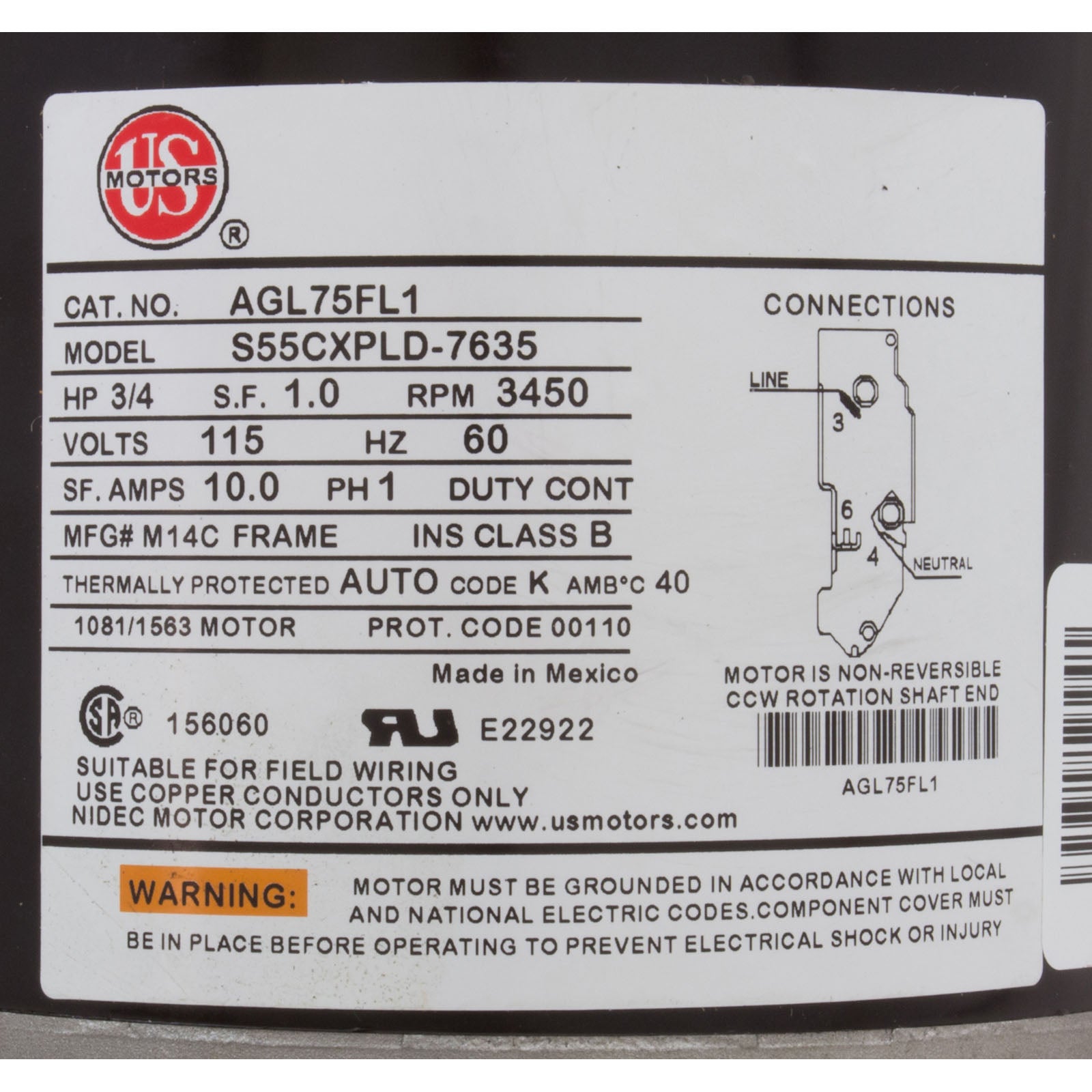 Motor, Nidec/US Motor, 0.75hp, 115v, 1-Speed, 48Y Frame