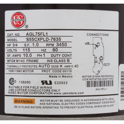 Motor, Nidec/US Motor, 0.75hp, 115v, 1-Speed, 48Y Frame