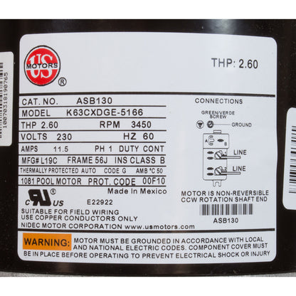 Motor, US Motor, 2.0hp, 230v, 1Spd, 56Jfr, CFace, Thd, Full