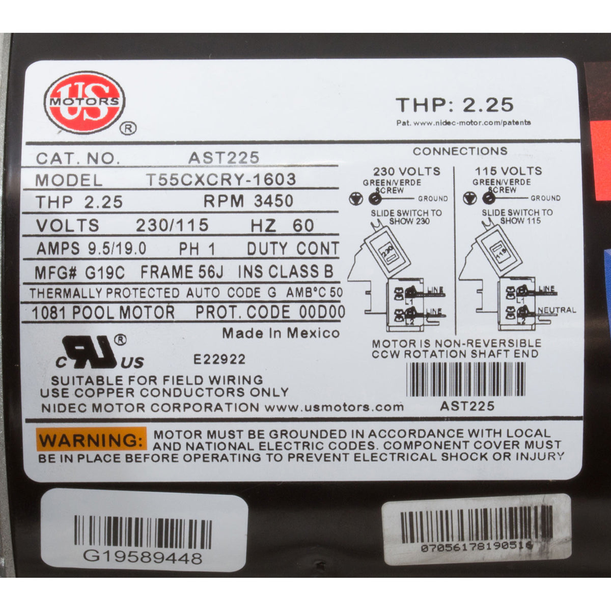 Motor, US Motor, 2.25hp, 115/230v, 56JFr, C-Face, THP Rated