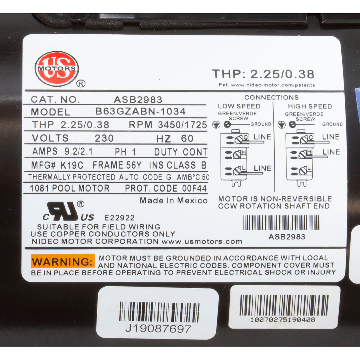 Motor, US Motor, 1.5hp, 2-Spd, 230v, 56YFr, SQFL, Full Rate, PE