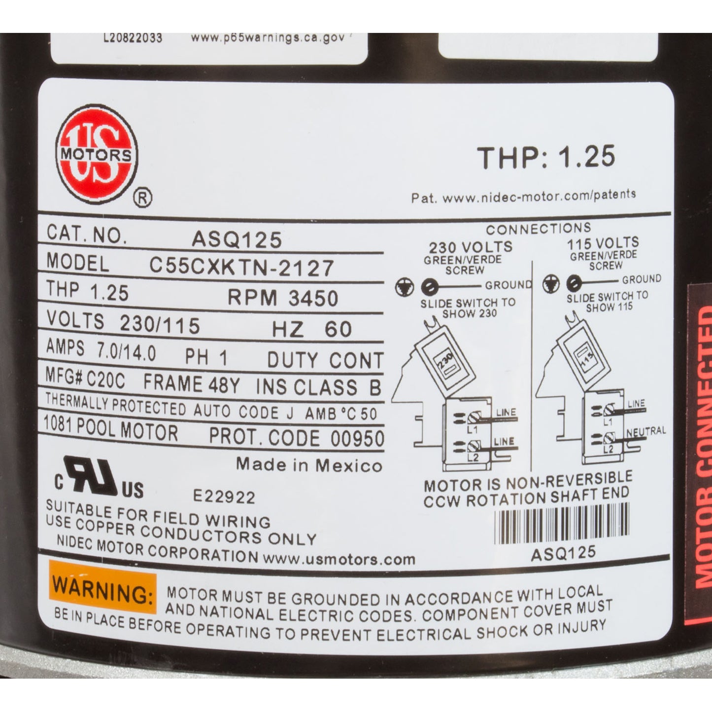 Motor, Nidec/US Motor, 0.75hp, 115/230v, 1-Spd, 48Yfr, SQFL