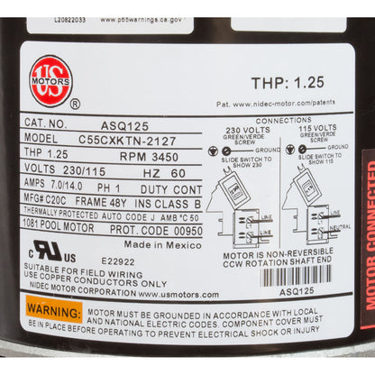 Motor, Nidec/US Motor, 0.75hp, 115/230v, 1-Spd, 48Yfr, SQFL