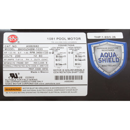 Motor, Nidec/US Motor, 1.0hp, 230v, 2-Spd, 56Yfr, SQFL, Full