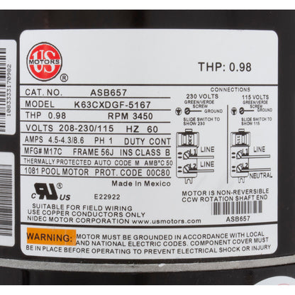 Motor, Nidec/USMtr, 0.5hp, 115/230v, 1Spd, 56Jfr, CFace, Thd, Full