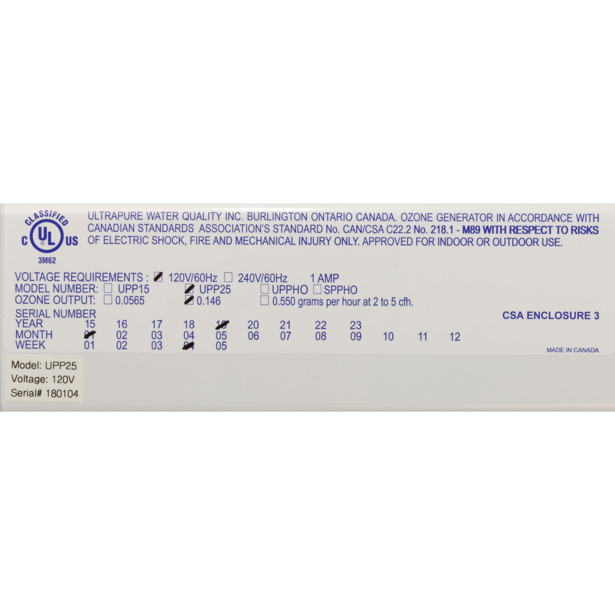 Ozonateur, Ultra-Pure UPP25, DFSSPP et ESABK, 115v, 25k Gal