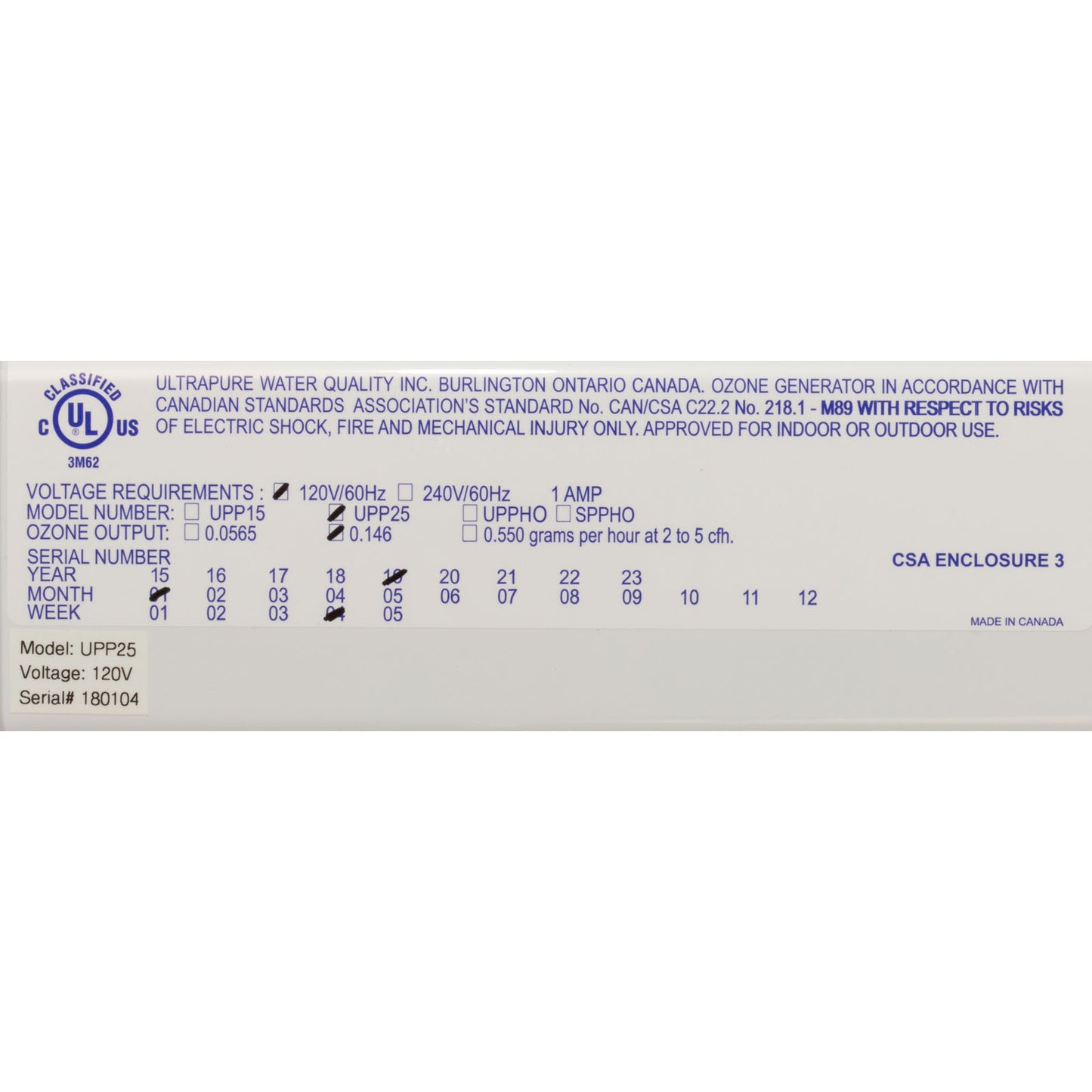 Ozonator, Ultra-Pure UPP25, DFSSPP And ESABK, 115v, 25k Gal