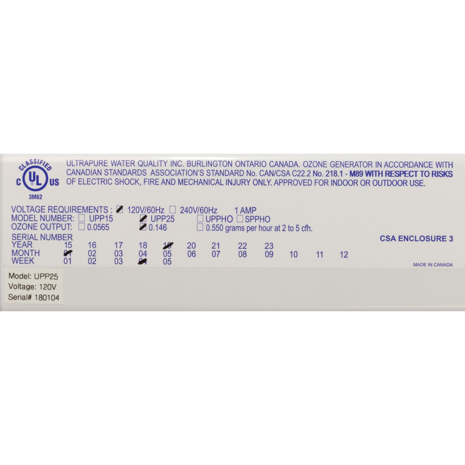 Ozonator, Ultra-Pure UPP25, DFSSPP And ESABK, 115v, 25k Gal