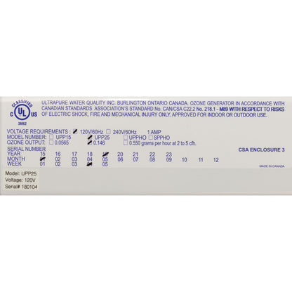 Ozonator, Ultra-Pure UPP25, DFSSPP And ESABK, 115v, 25k Gal