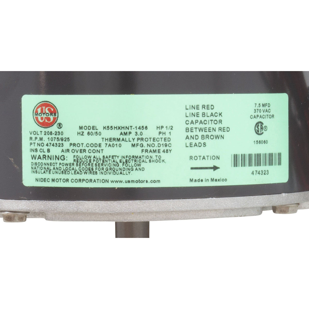 Fan Motor, Pentair UltraTemp Heat Pump 140/140HC, w/ Nut
